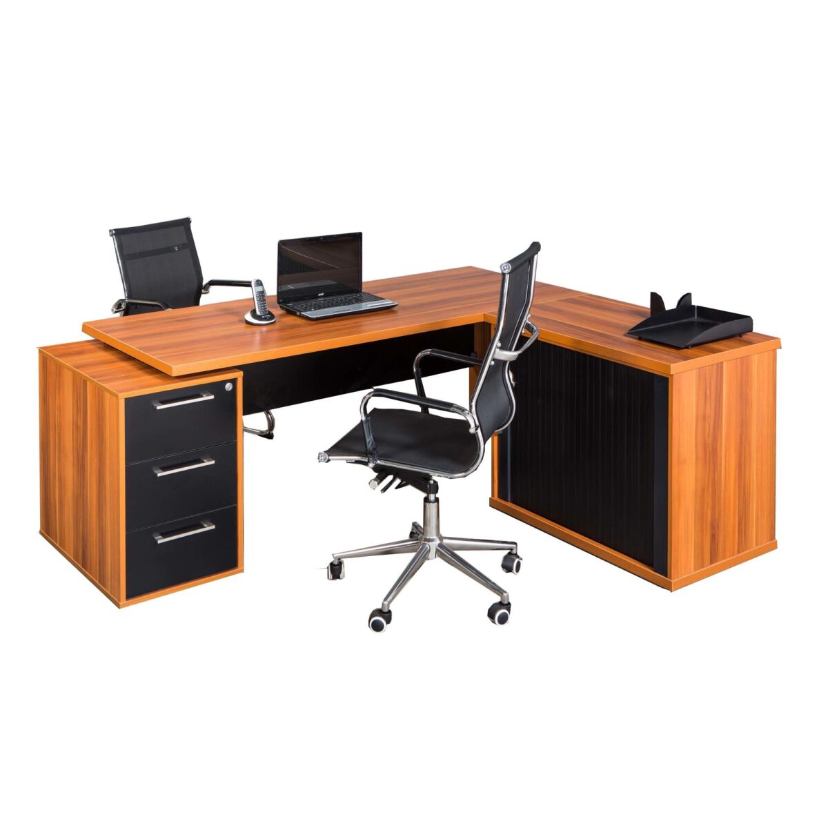 Evolution Single Pedestal Desk with Roller Door Credenza (Melamine 32mm) - Image 1