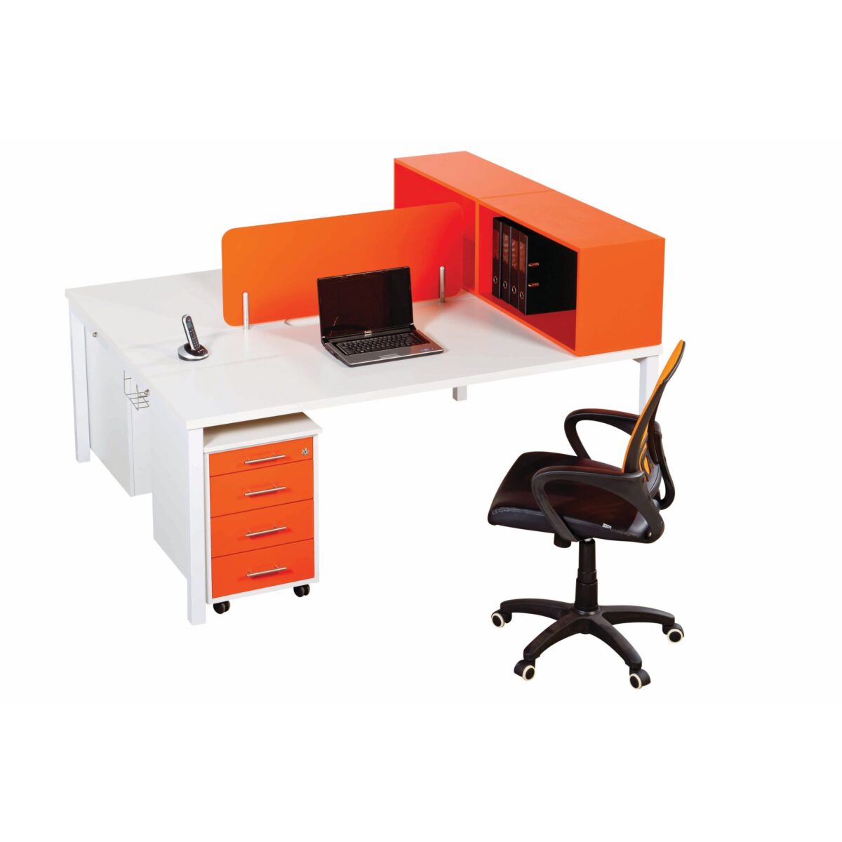 Euro Benching 2 Way Workstation with Mobile Pedestal & Desk Top Open Bookcase - Image 1