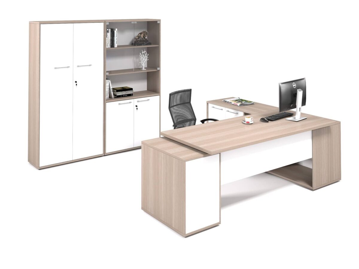 Evolution Single Pedestal Desk with Roller Door Credenza (Melamine 32mm) - Image 4